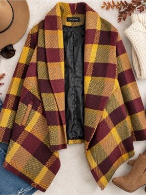Chicwish Plaid Wool-Blend Waterfall Wrap Coat